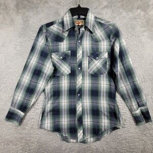 Vtg Youngbloods Pearl Snap Western Shirt Small Fitted Blue Plaid Thin Cotton LS